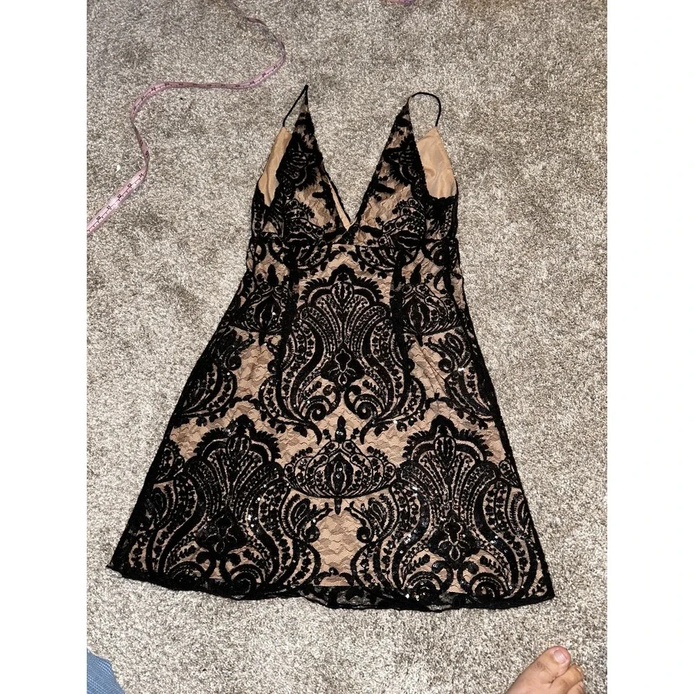 Free People Night Shimmer Mini Dress Plunge Black‎ Sequin Lace Nude Slip Party 2